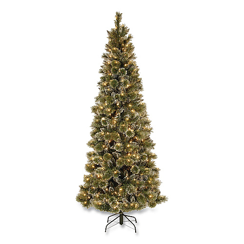 National Tree Company Pre-Lit Glittery Bristle Slim Tree, 42" x 42" x 90", Green Tree, Green Tree Stand (GB331975)