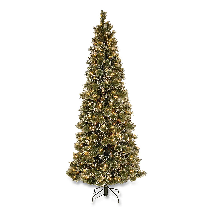 National Tree Company Pre-Lit Glittery Bristle Slim Tree, 42" x 42" x 90", Green Tree, Green Tree Stand (GB331975)