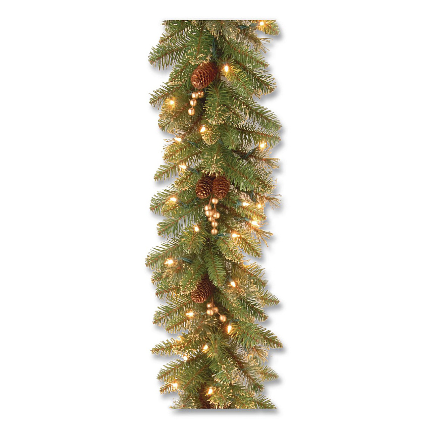 National Tree Company Pre-Lit Glittery Pine Gold Garland, AC Powered, Clear Incandescent Lights, 108" Long, Green (GPG33419A)
