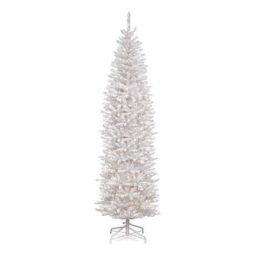 National Tree Company Pre-Lit Kingswood Fir Pencil Slim Tree, 35" x 35" x 108", White Tree, White Tree Stand (KWW730090)