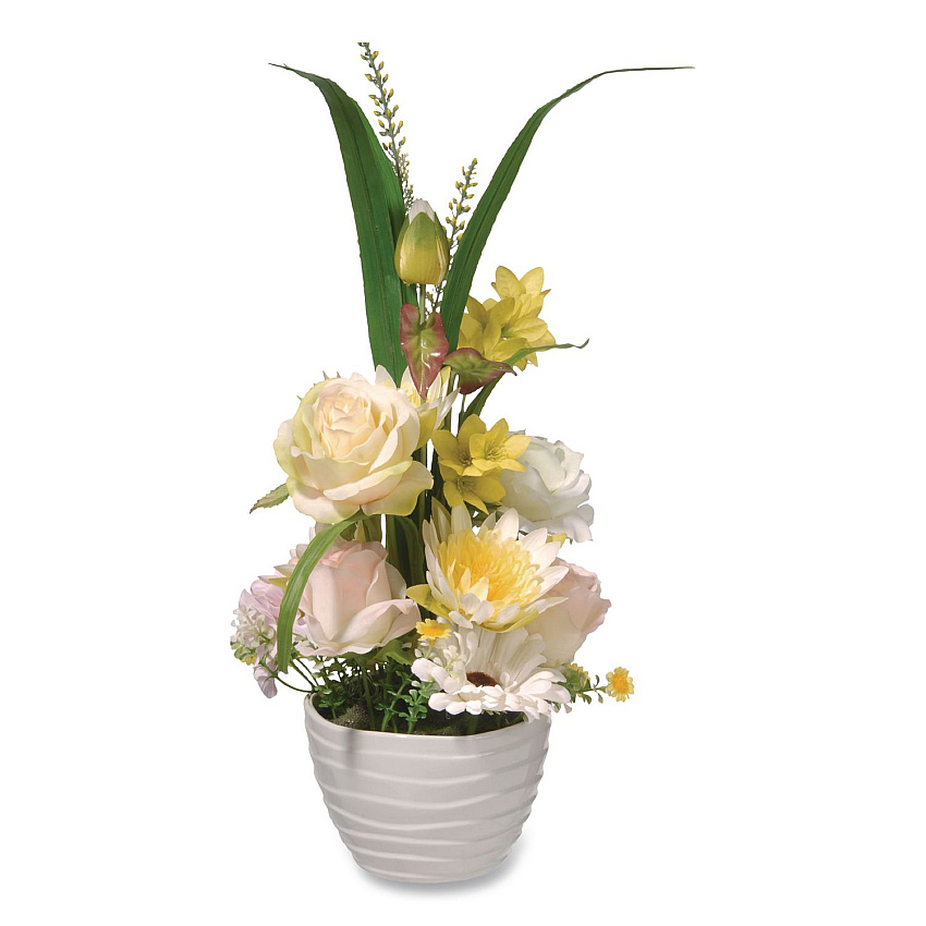 National Tree Company Spring White Daises and Roses Flowerpot, 9" x 9" x 17", White Flowers, White Pot (NF365521)