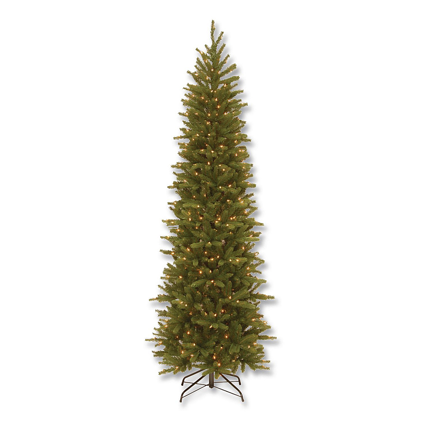 National Tree Company Pre-Lit Grande Fir Pencil Slim Tree, 30" x 30" x 78", Green Tree, Green Tree Stand (PEGF433465)