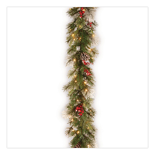 National Tree Company Pre-Lit Wintry Pine Garland, AC Powered, Clear Incandescent Lights, 108" Long, Green (PEWT3009B1)