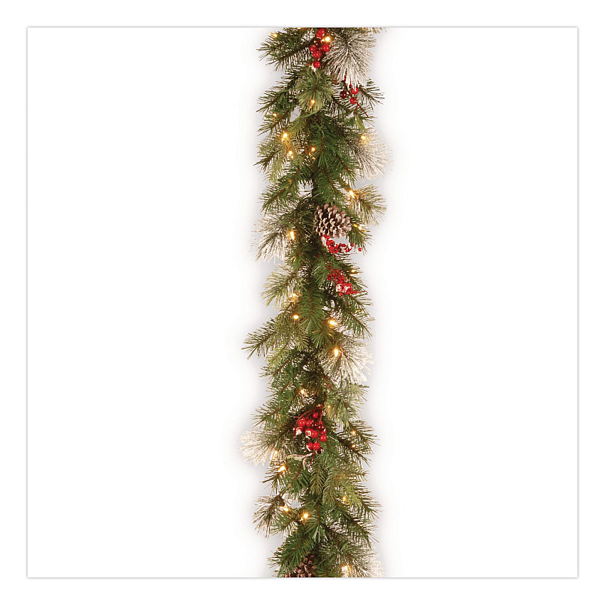 National Tree Company Pre-Lit Wintry Pine Garland, AC Powered, Clear Incandescent Lights, 108" Long, Green (PEWT3009B1)