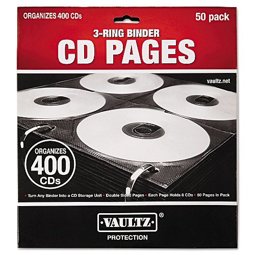 Vaultz Two-Sided CD Refill Pages for Three-Ring Binder, 8 Disc Capacity, Clear/Black, 50/Pack (VZ01415)