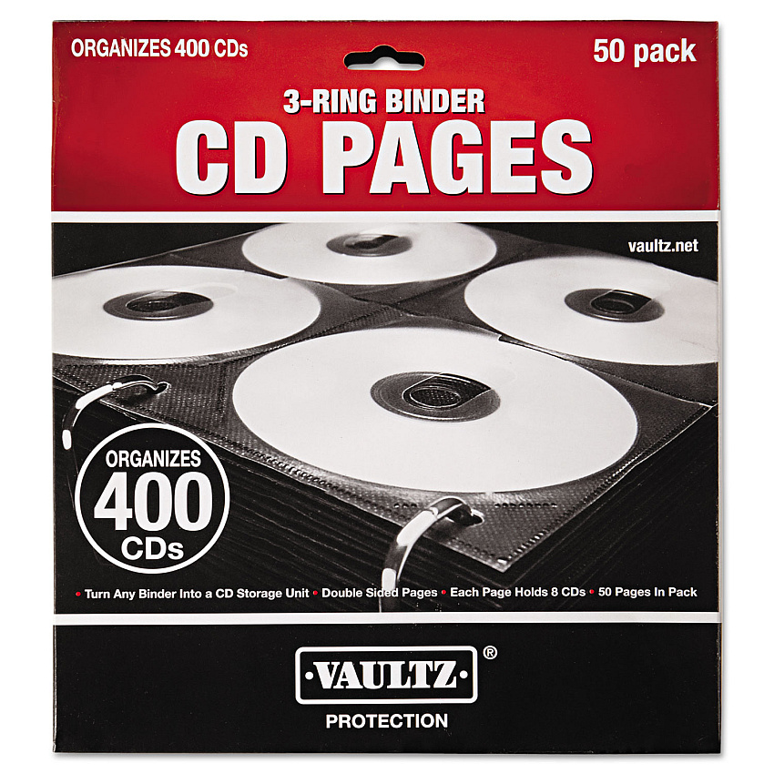 Vaultz Two-Sided CD Refill Pages for Three-Ring Binder, 8 Disc Capacity, Clear/Black, 50/Pack (VZ01415)