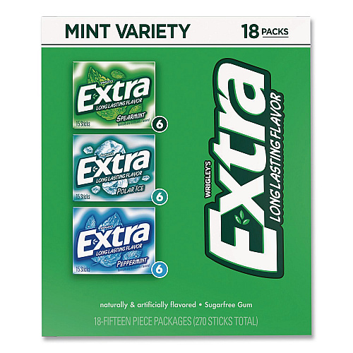 Wrigley's Extra Mint Variety Sugar-Free Gum, Peppermint/Polar Ice/Spearmint, 15 Sticks/Pack, 18 Packs/Carton (22002643)