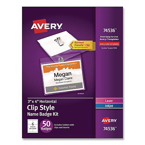 Avery Clip-Style Name Badge Kit, Clear, 3 x 4 Insert, 50 Badges/Box (74536)