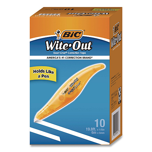 BIC Wite-Out Brand Exact Liner Correction Tape, Non-Refillable, 0.2" x 19.8 ft, White Tape, Translucent Orange Dispenser, 10/Box (WOELP10)