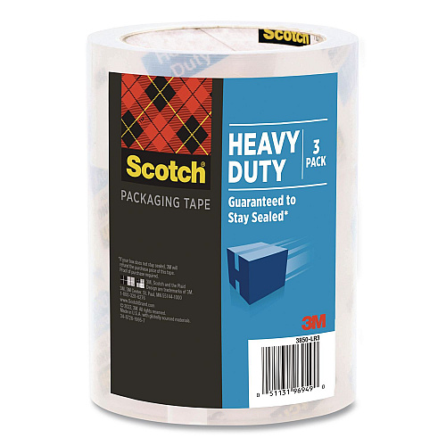Scotch 3850 Heavy-Duty Packaging Tape, 3" Core, 1.88" x 38.2 yds, Clear, 3 Rolls/Pack (70005070530)