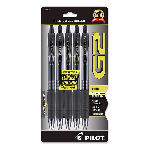 Pilot G2 Premium Gel Pen, Retractable, Fine 0.7 mm, Black Ink, Smoke/Black Barrel, 5/Pack (31078)
