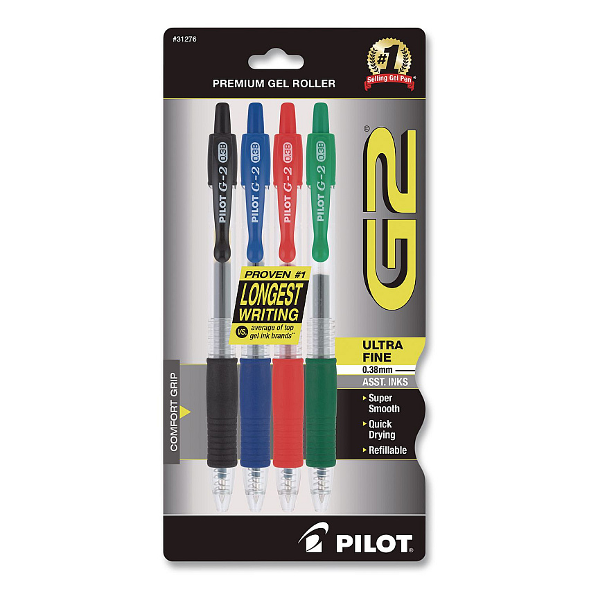 Pilot G2 Premium Gel Pen, Retractable, Ultra-Fine, 0.38 mm, Assorted Ink/Barrel Colors, 4/Pack (31276)