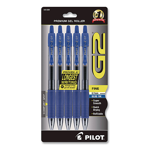 Pilot G2 Premium Gel Pen, Retractable, Fine 0.7 mm, Blue Ink, Smoke/Blue Barrel, 5/Pack (31299)
