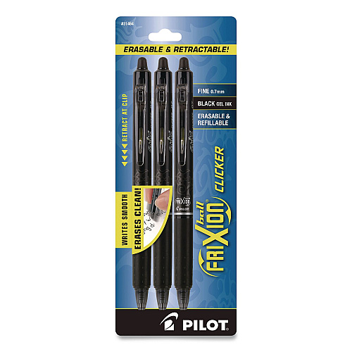 Pilot FriXion Ball Clicker Erasable Gel Pen, Retractable, Fine 0.7 mm, Black Ink, Black Barrel, 3/Pack (31464)