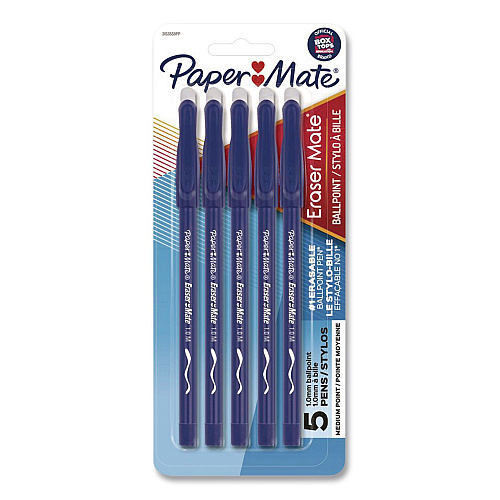 Paper Mate Eraser Mate Ballpoint Pen, Stick, Medium 1 mm, Blue Ink, Blue Barrel, 5/Pack (3153558PP)