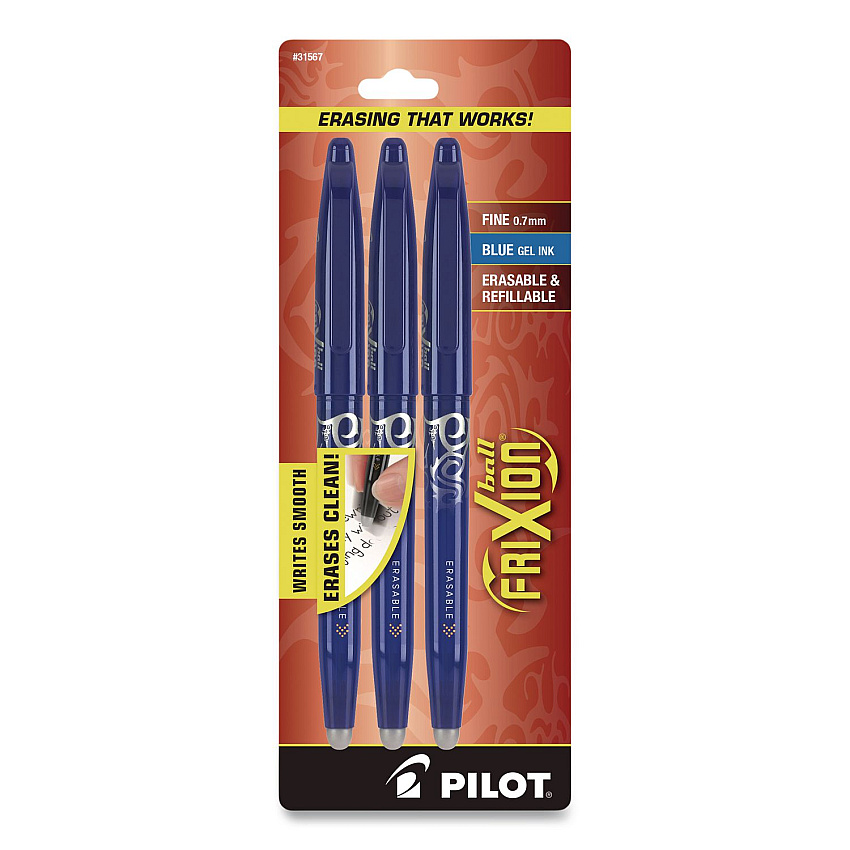 Pilot FriXion Ball Erasable Gel Pen, Stick, Fine 0.7 mm, Blue Ink, Blue Barrel, 3/Pack (31567)