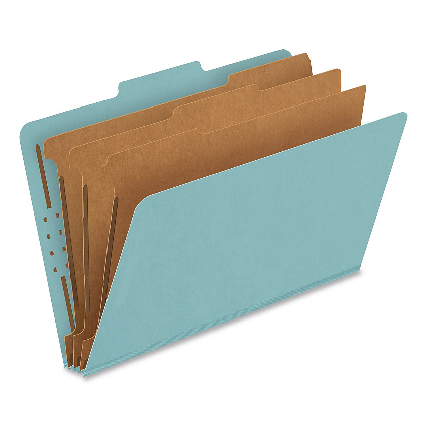 Pendaflex Pressboard Top Tab Classification Folders, 2/5-Cut Tab, Expands 3.5", 3 Dividers, 8 Fasteners, Legal Size, Blue, 10/Box (29094)