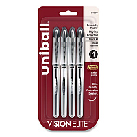 uni-ball VISION ELITE Rollerball Pen, Stick, Bold 0.8 mm, Black Ink, White/Black/Clear Barrel, 4/Pack (67180)