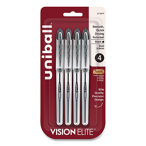 uni-ball VISION ELITE Rollerball Pen, Stick, Bold 0.8 mm, Black Ink, White/Black/Clear Barrel, 4/Pack (67180)