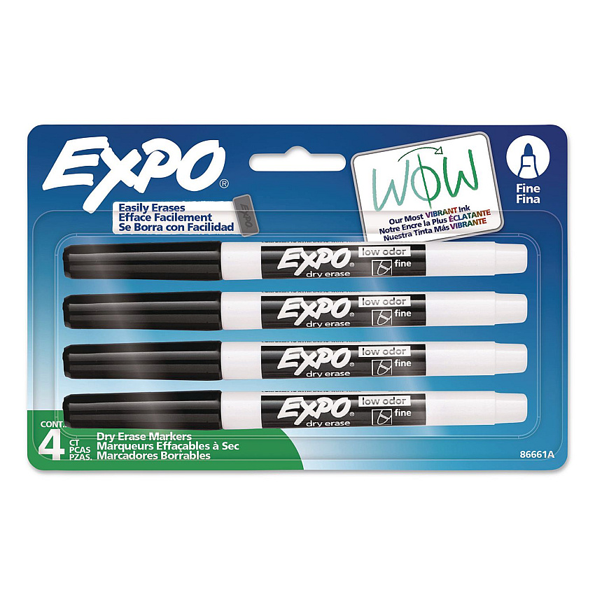 EXPO Dry Erase Marker, Fine Tip, Black, 4/Pack (86661)