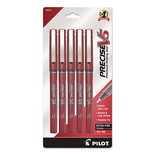 Pilot Precise V5 Rollerball Pen, Stick, Extra-Fine 0.5 mm, Red Ink, Red/Clear Barrel, 5/Pack (26012)