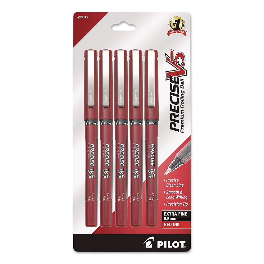 Pilot Precise V5 Rollerball Pen, Stick, Extra-Fine 0.5 mm, Red Ink, Red/Clear Barrel, 5/Pack (26012)