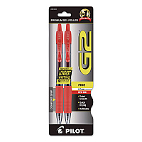 Pilot G2 Premium Gel Pen, Retractable, Fine 0.7 mm, Red Ink, Smoke/Red Barrel, 2/Pack (31033)