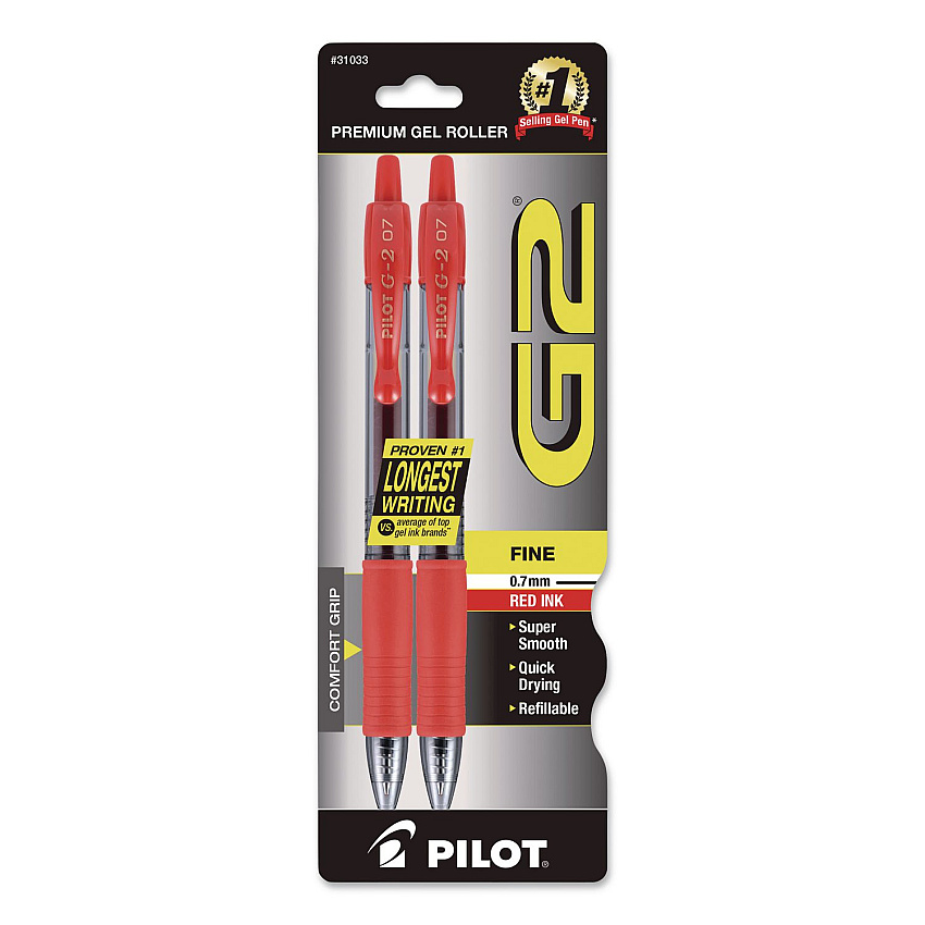 Pilot G2 Premium Gel Pen, Retractable, Fine 0.7 mm, Red Ink, Smoke/Red Barrel, 2/Pack (31033)