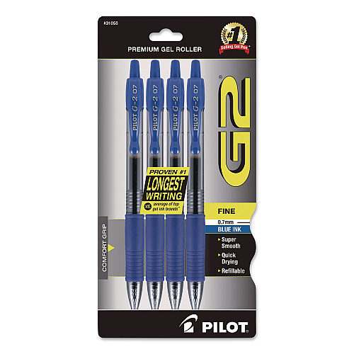 Pilot G2 Premium Gel Pen, Retractable, Fine 0.7 mm, Blue Ink, Smoke/Blue Barrel, 4/Pack (31058)