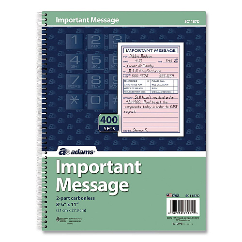 Adams Important Message Book, Two-Part Carbonless, 4 Forms/Sheet, 400 Forms Total (SC1187D)