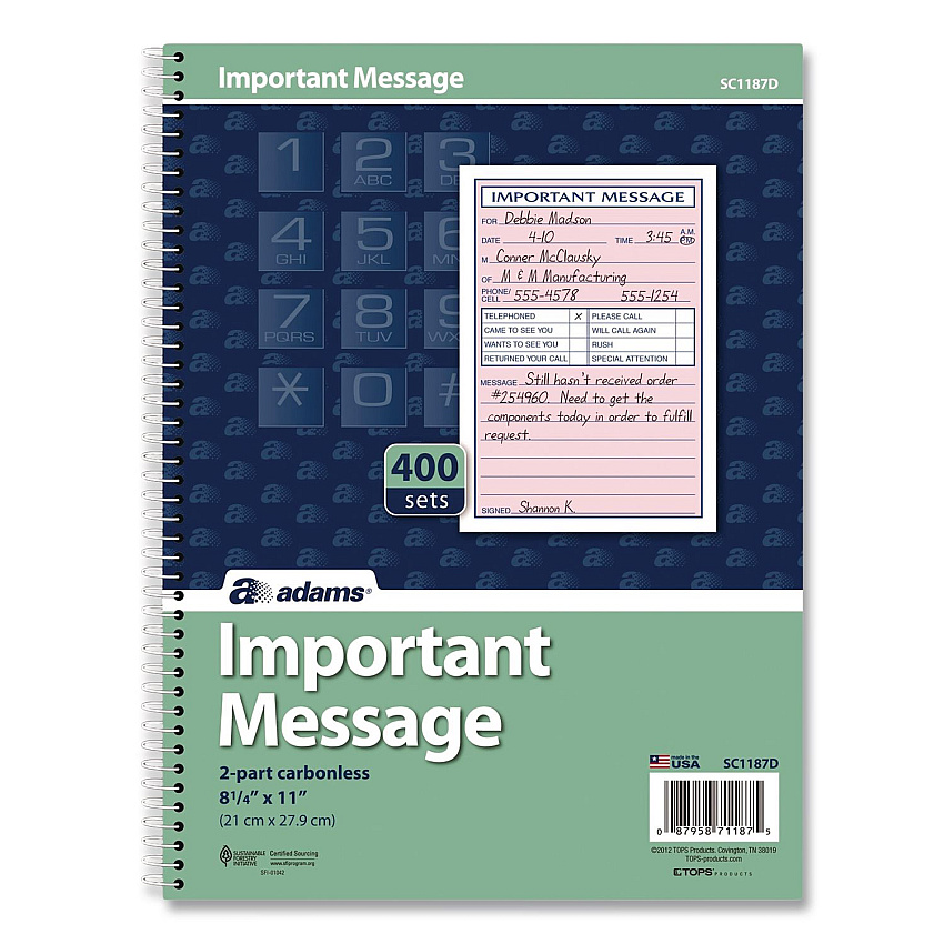 Adams Important Message Book, Two-Part Carbonless, 4 Forms/Sheet, 400 Forms Total (SC1187D)