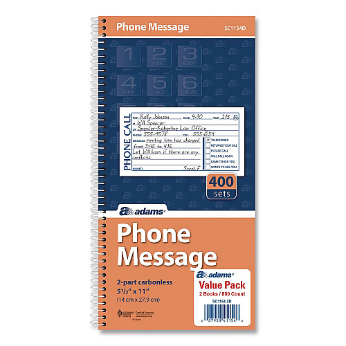 Adams Wirebound Telephone Message Book, Two-Part Carbonless, 4.75 x 2.5, 4 Forms/Sheet, 400 Forms Total, 2/Pack (SC11542D)