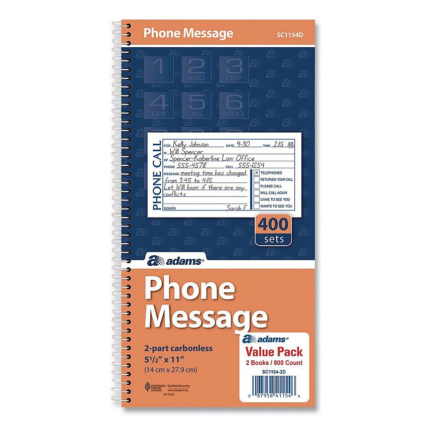 Adams Wirebound Telephone Message Book, Two-Part Carbonless, 4.75 x 2.5, 4 Forms/Sheet, 400 Forms Total, 2/Pack (SC11542D)