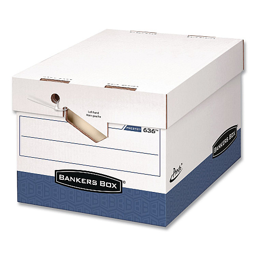 Bankers Box PRESTO Heavy-Duty Storage Boxes, Letter/Legal Files, 12 x 15 x 10, White/Blue, 4/Carton (0063602)