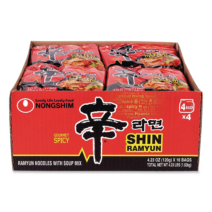 NONGSHIM Gourmet Spicy Ramyun Noodle Soup, Spicy Chicken, 4.23 oz Packet, 16/Carton (22002654)