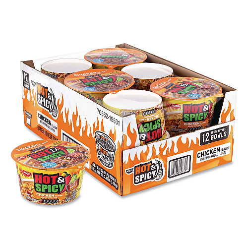 Nissin Hot and Spicy Chicken Soup Bowl, Chicken, 3.32 oz Bowl, 12/Carton (22002656)