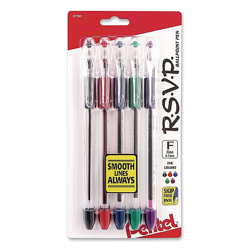 Pentel R.S.V.P. Ballpoint Pen, Stick, Fine, 0.7 mm, Assorted Ink and Barrel Colors, 5/Pack (BK90BP5M)