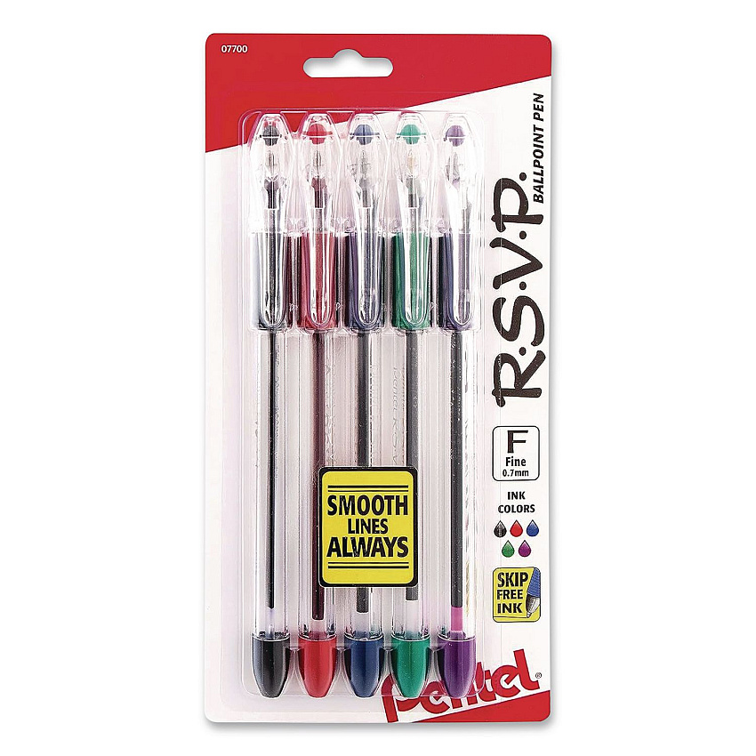 Pentel R.S.V.P. Ballpoint Pen, Stick, Fine, 0.7 mm, Assorted Ink and Barrel Colors, 5/Pack (BK90BP5M)
