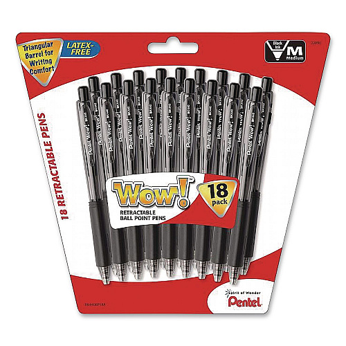 Pentel WOW! Ballpoint Pen, Retractable, Medium 1 mm, Black Ink, Smoke/Black Barrel, 18/Pack (BK440BP18A)