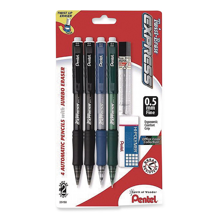 Pentel Twist-Erase EXPRESS Mechanical Pencil, 0.5 mm, #2, Black Lead, Assorted Color Barrels, 4/Pack (QE415LZBP4)