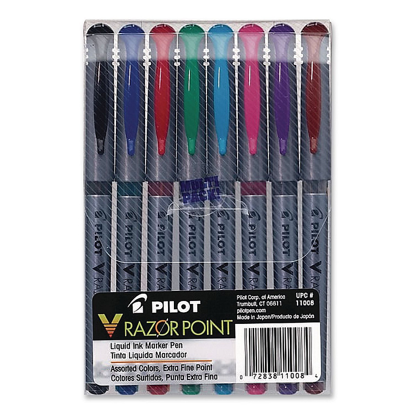 Pilot V Razor Point Liquid Ink Porous Point Pen, Stick, Extra-Fine 0.5 mm, Assorted Ink and Barrel Colors, 8/Pack (11008)