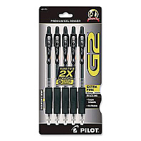 Pilot G2 Premium Gel Pen, Retractable, Extra-Fine 0.5 mm, Black Ink, Clear/Black Barrel, 5/Pack (31173)