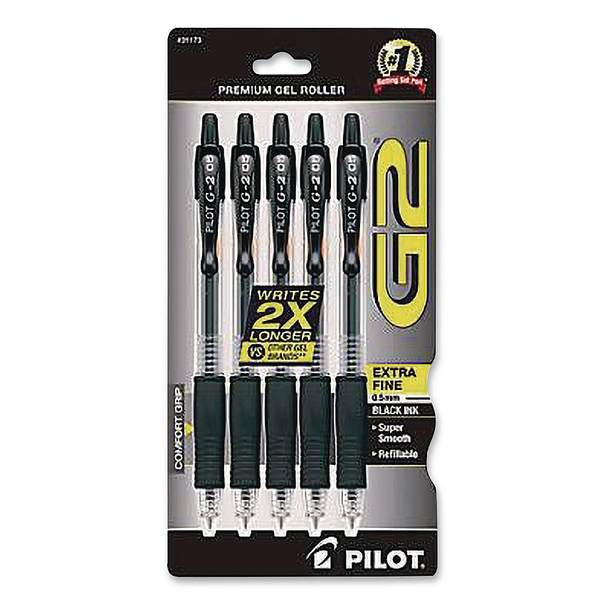 Pilot G2 Premium Gel Pen, Retractable, Extra-Fine 0.5 mm, Black Ink, Clear/Black Barrel, 5/Pack (31173)