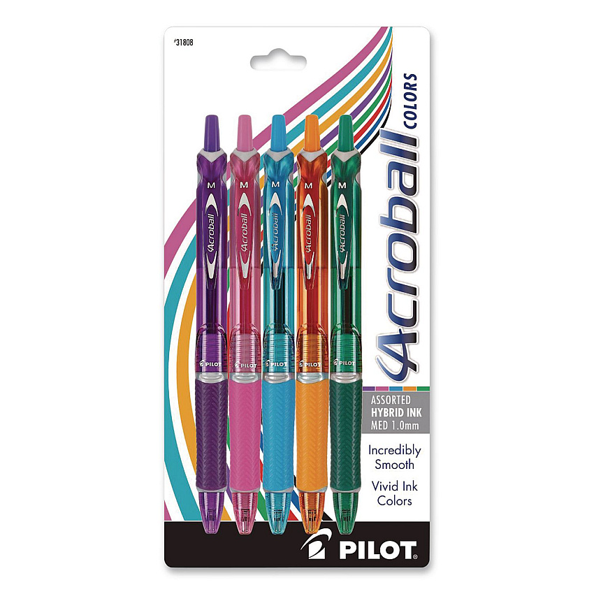 Pilot Acroball Colors Advanced Ink Hybrid Gel Pen, Retractable, Medium 1 mm, Assorted Ink/Barrel Colors, 5/Pack (31808)