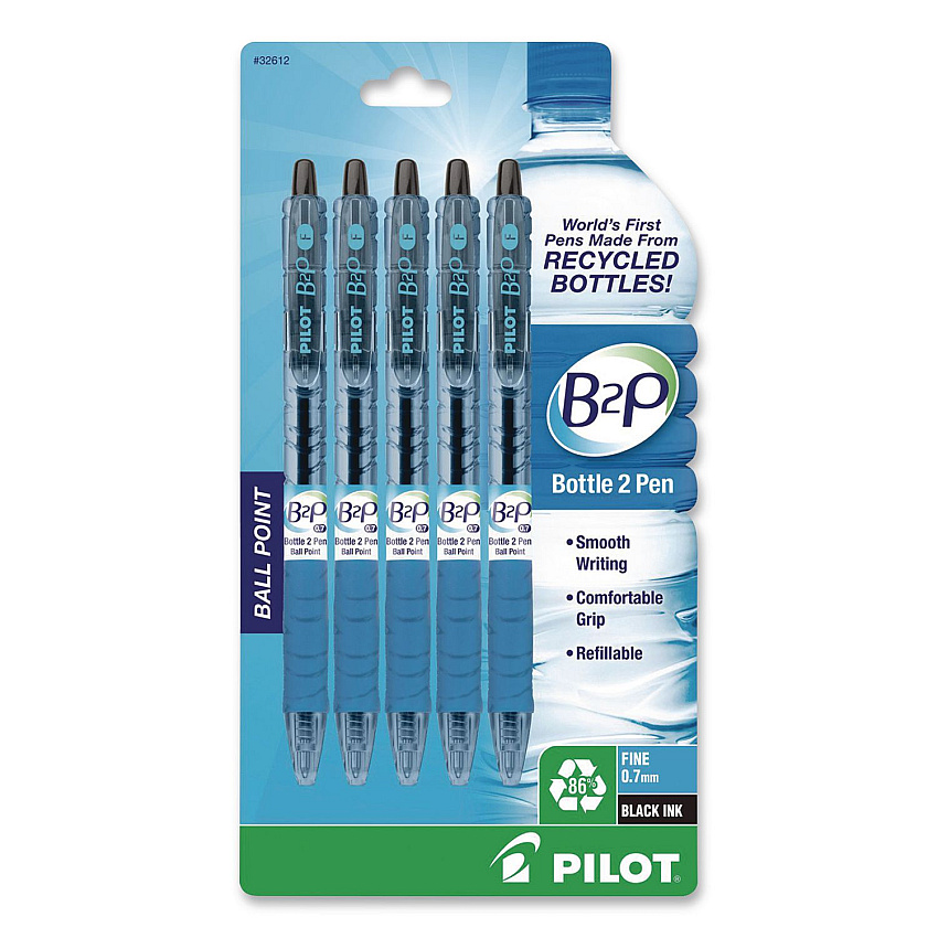 Pilot B2P Bottle-to-Pen Recycled Ballpoint Pen, Retractable, Fine 0.7 mm, Black Ink, Translucent Blue Barrel, 5/Pack (32612)