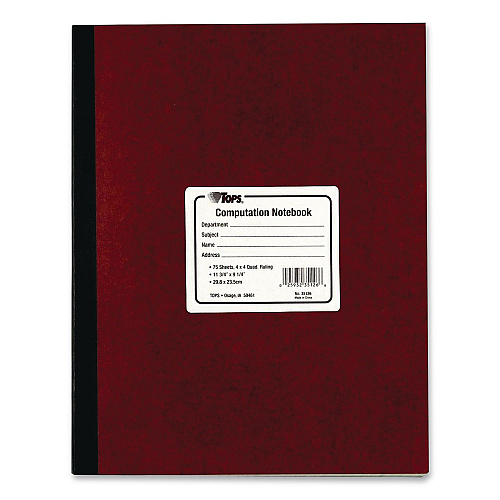 TOPS Computation Notebook, Quadrille Rule (4 sq/in), Red Cover, (75) 11.75 x 9.5 Sheets (35126)