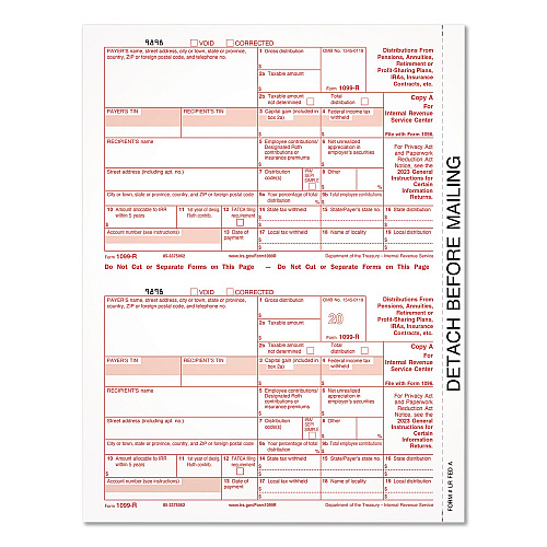 Adams 2023 1099-R Tax Form, 1 Part, Federal Copy, 2 Forms/Sheet, 50 Forms Total (920103)