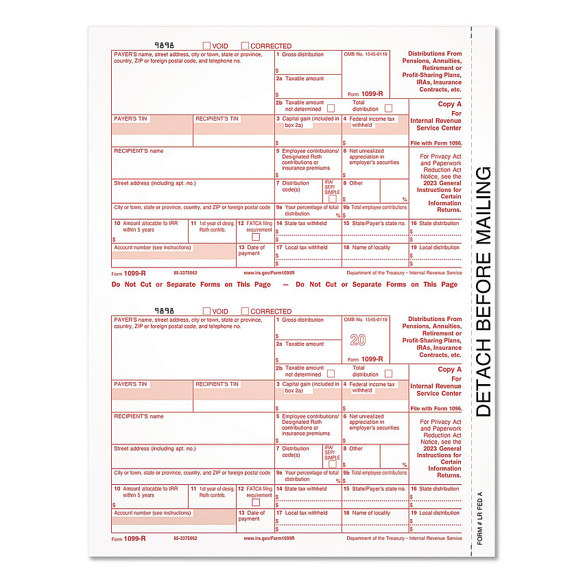 Adams 2023 1099-R Tax Form, 1 Part, Federal Copy, 2 Forms/Sheet, 50 Forms Total (920103)
