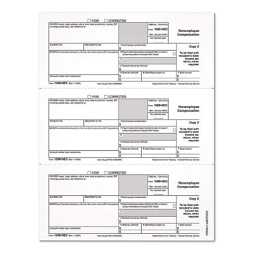 Adams 2024 1099-NEC Copy 1 or 2 Laser/Inkjet Tax Forms, 8.5 x 3.66, 3 Forms/Sheet, 150 Forms Total (2986503)