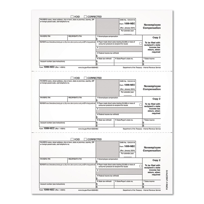 Adams 2024 1099-NEC Copy 1 or 2 Laser/Inkjet Tax Forms, 8.5 x 3.66, 3 Forms/Sheet, 150 Forms Total (2986503)